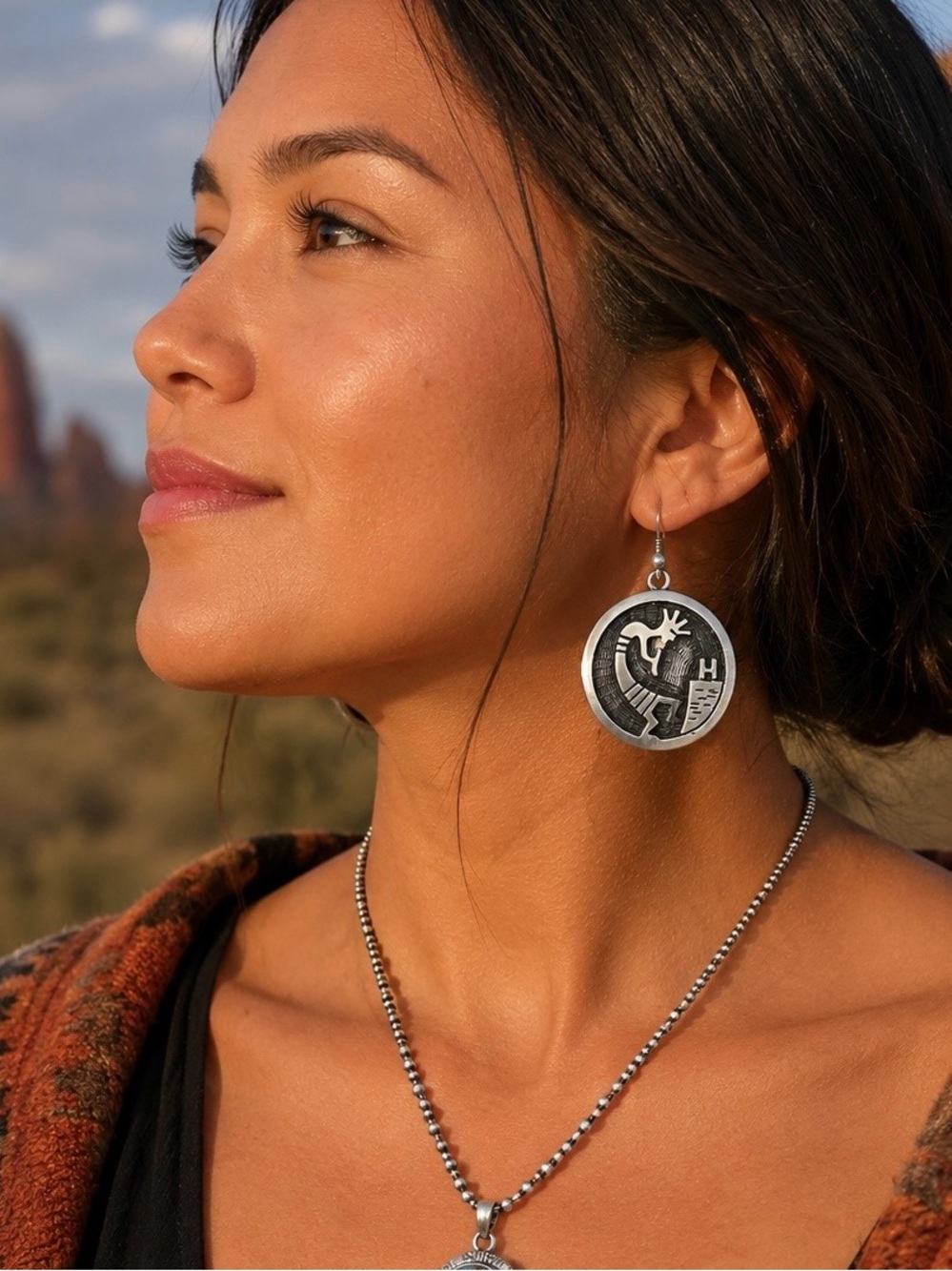Signed Hopi Native American Handmade Sterling Silver Kokopelli Dangle Earrings